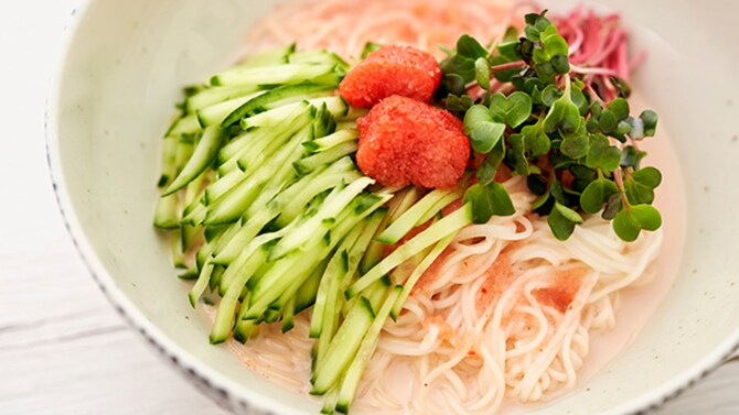 あっという間に完成！「明太豆乳そうめん」の作り方
（写真をクリックするとレシピが確認できます）