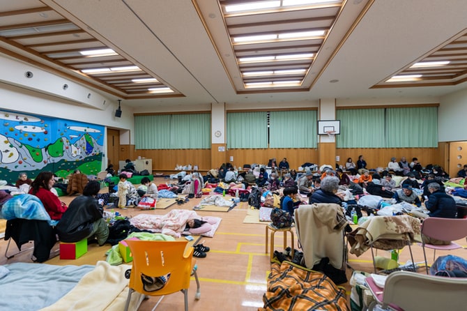石川県輪島市内の避難所の様子。写真：新華社/アフロ