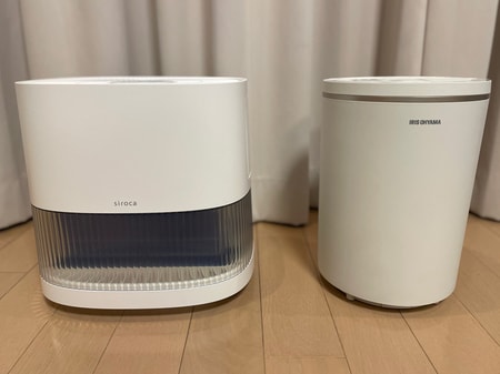 【家電お試し比較】おしゃれな「加湿器」で乾燥対策！お手入れ簡単なおすすめ2選【スチーム式のアイリスオーヤマ、気化式のシロカ】_img0